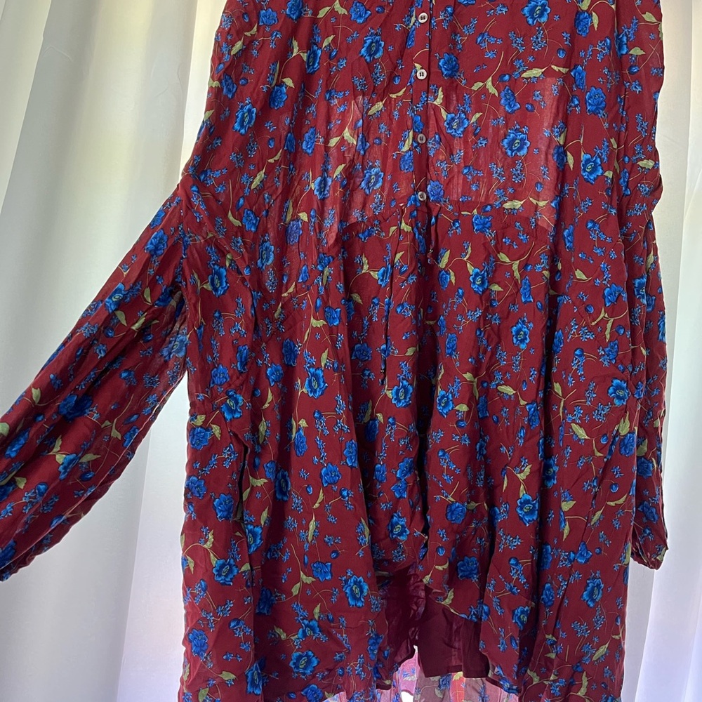 Free People Red Blouse with Blue Floral Design